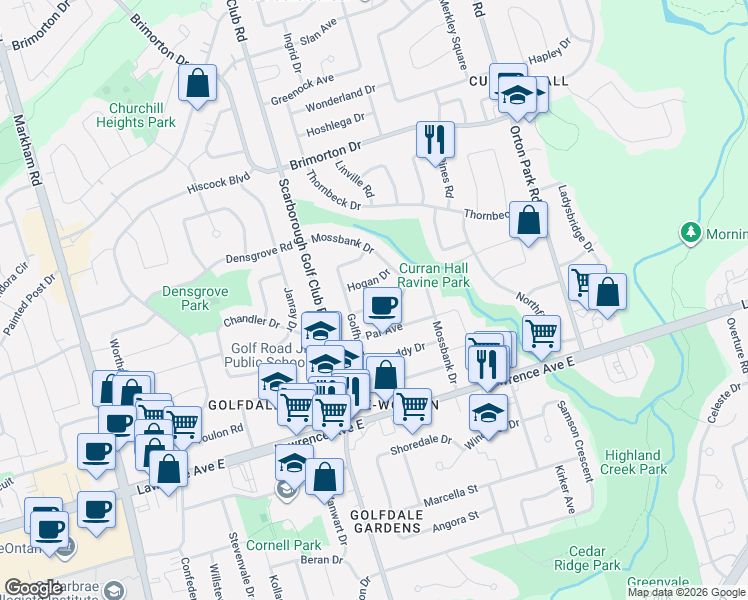 map of restaurants, bars, coffee shops, grocery stores, and more near 12 Ellie Drive in Toronto