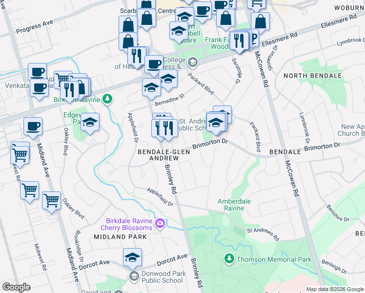 map of restaurants, bars, coffee shops, grocery stores, and more near 2 Doerr Road in Toronto