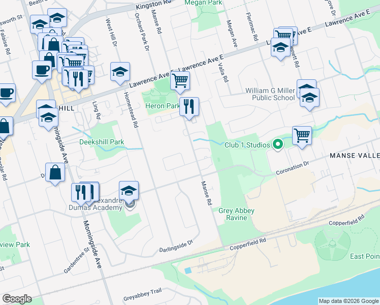 map of restaurants, bars, coffee shops, grocery stores, and more near 226 Manse Road in Toronto