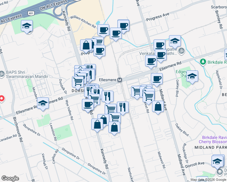 map of restaurants, bars, coffee shops, grocery stores, and more near 78 Jolly Way in Toronto