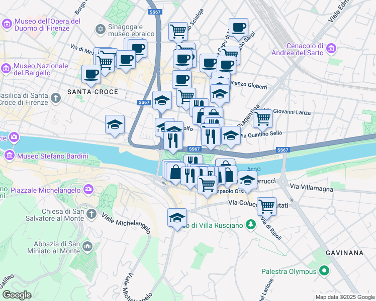 map of restaurants, bars, coffee shops, grocery stores, and more near Lungarno del Tempio in Firenze