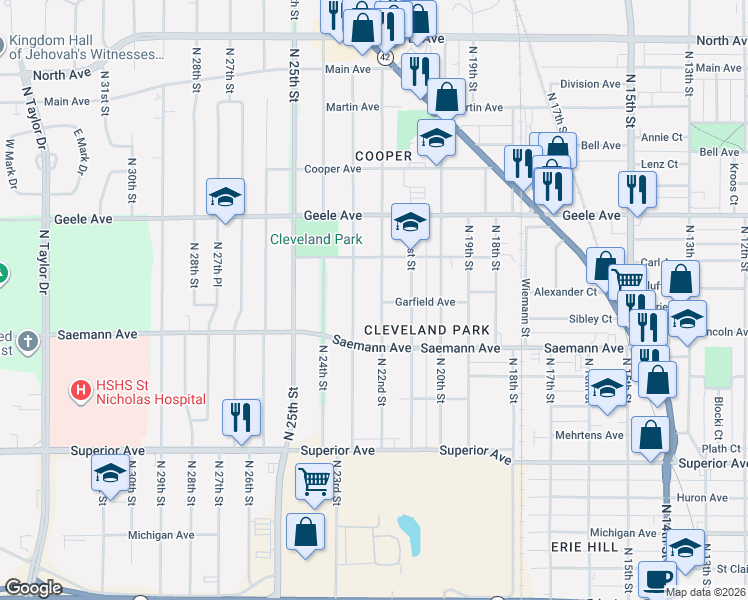 map of restaurants, bars, coffee shops, grocery stores, and more near 2123 Garfield Avenue in Sheboygan