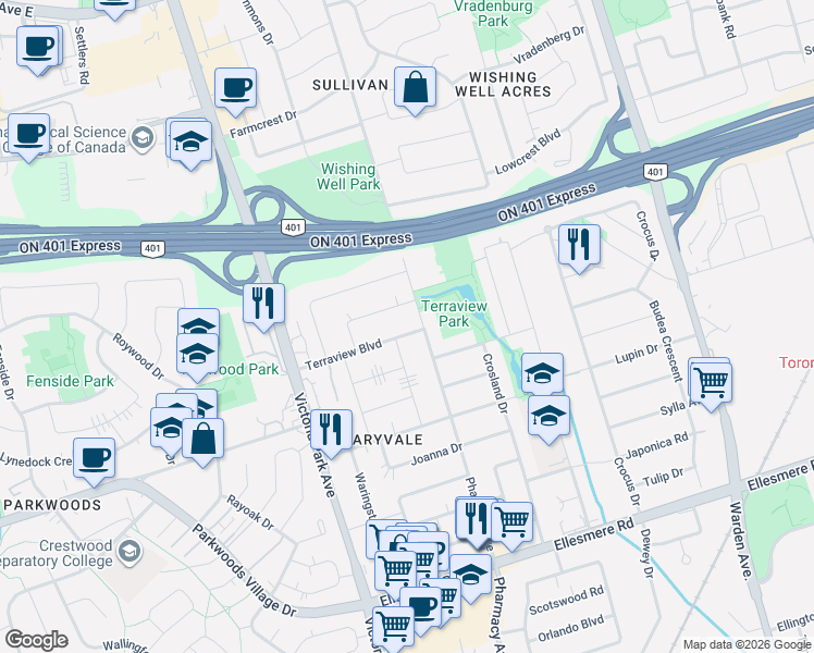 map of restaurants, bars, coffee shops, grocery stores, and more near in Toronto