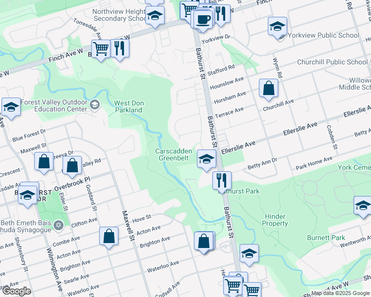 map of restaurants, bars, coffee shops, grocery stores, and more near in Toronto