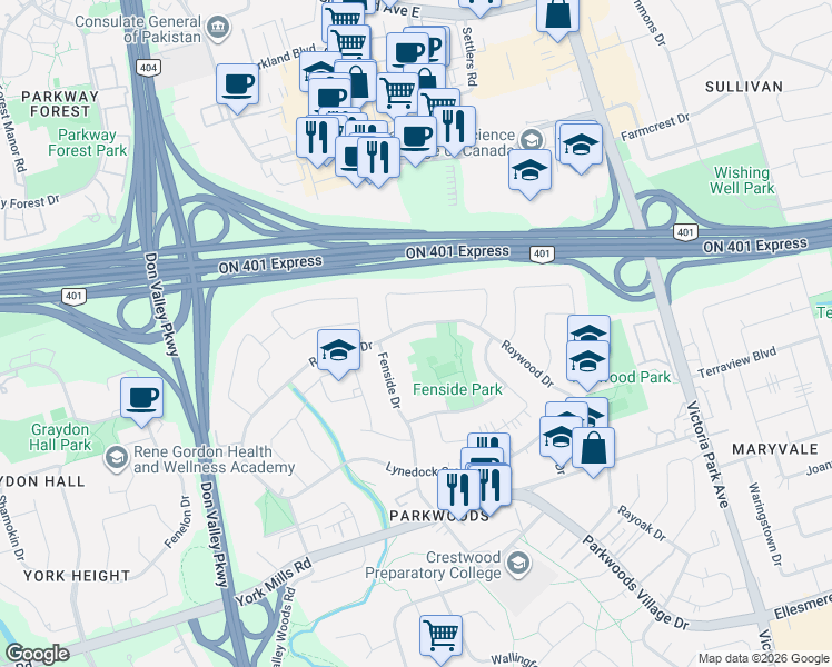 map of restaurants, bars, coffee shops, grocery stores, and more near 126 Roywood Drive in Toronto