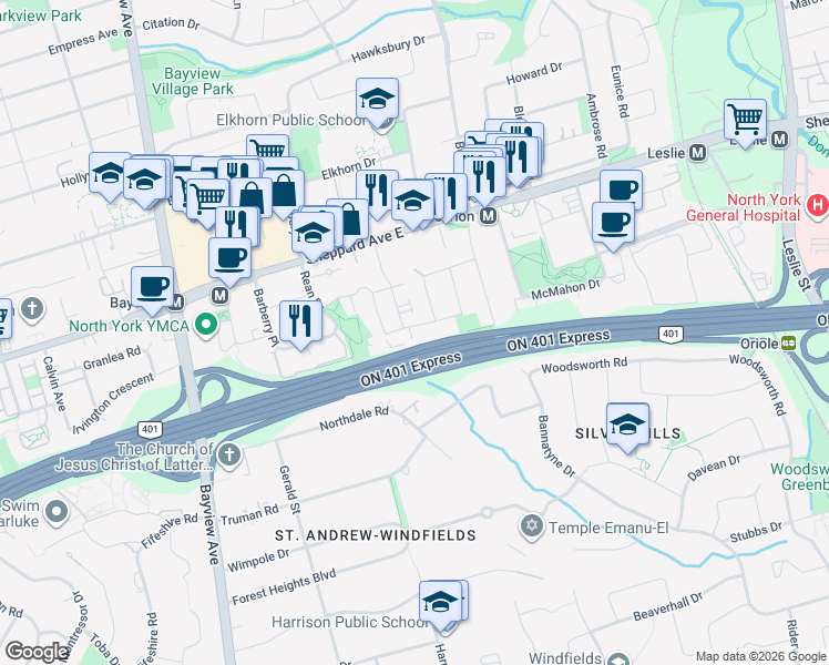 map of restaurants, bars, coffee shops, grocery stores, and more near 65 Talara Drive in Toronto