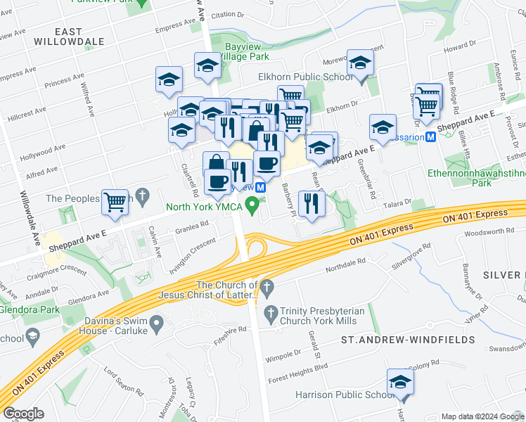 map of restaurants, bars, coffee shops, grocery stores, and more near 18 Kenaston Gardens in Toronto