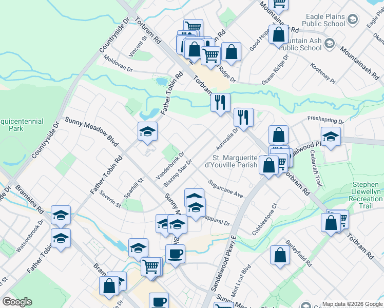 map of restaurants, bars, coffee shops, grocery stores, and more near 28 Blazing Star Drive in Brampton