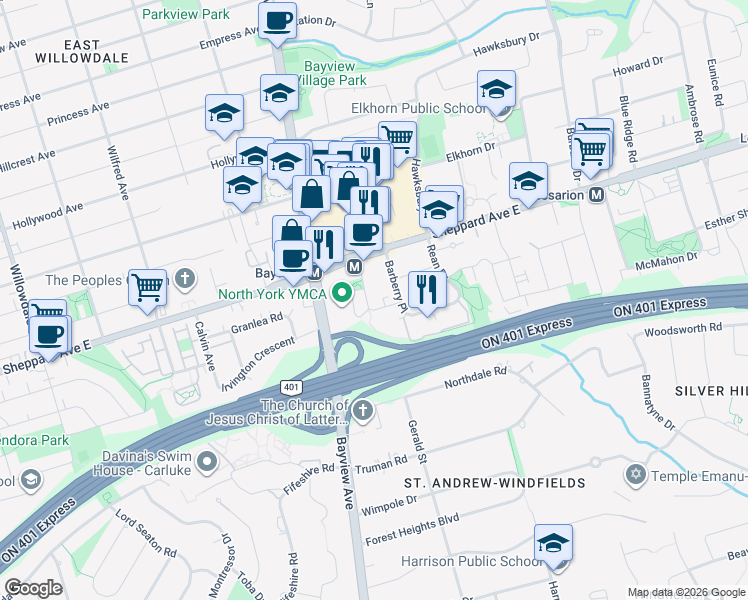 map of restaurants, bars, coffee shops, grocery stores, and more near 17 Kenaston Gardens in Toronto