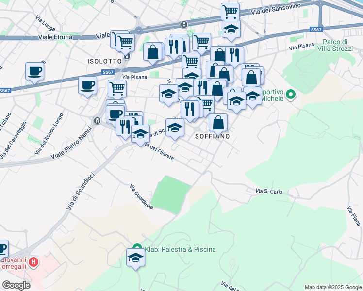 map of restaurants, bars, coffee shops, grocery stores, and more near 23 Via Bernardo Daddi in Firenze