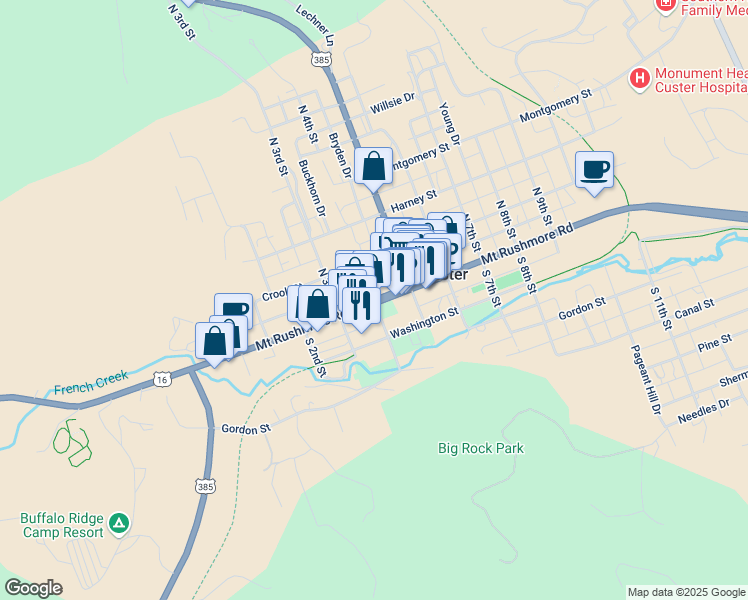 map of restaurants, bars, coffee shops, grocery stores, and more near Mount Rushmore Road & North 4th Street in Custer