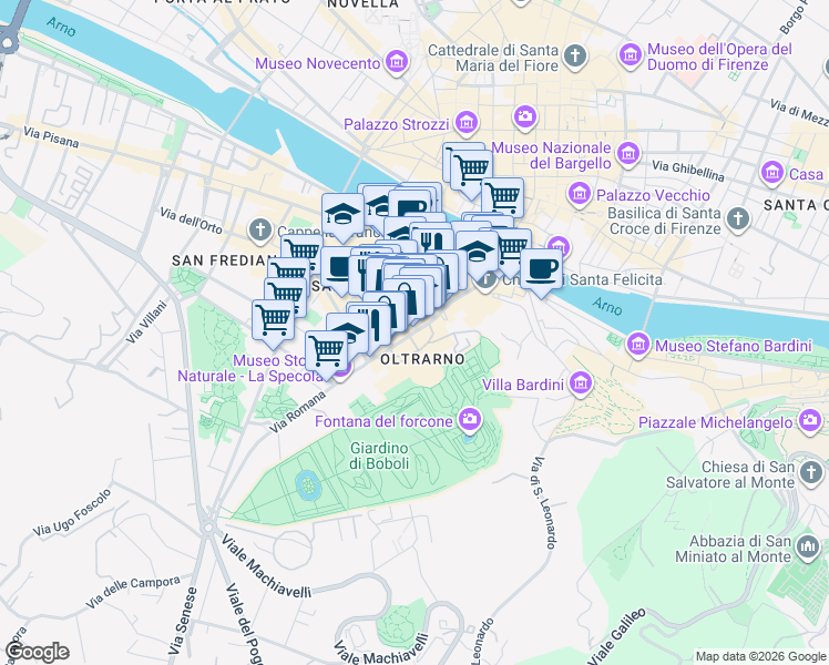 map of restaurants, bars, coffee shops, grocery stores, and more near in Florence