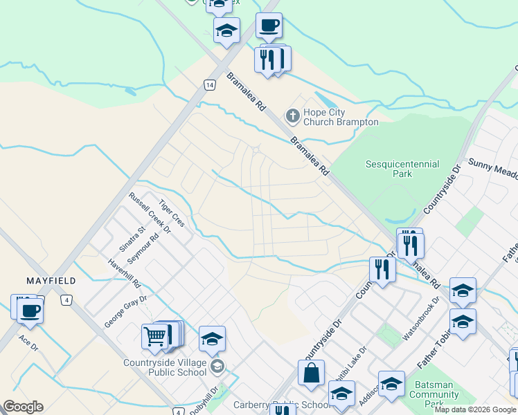 map of restaurants, bars, coffee shops, grocery stores, and more near 357 Inspire Boulevard in Brampton