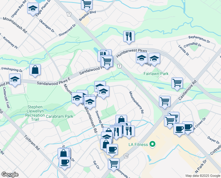 map of restaurants, bars, coffee shops, grocery stores, and more near 49 Mountainberry Road in Brampton