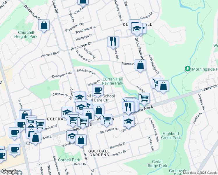 map of restaurants, bars, coffee shops, grocery stores, and more near 46 Mossbank Drive in Toronto