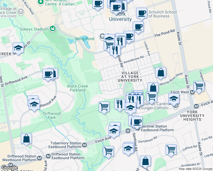 map of restaurants, bars, coffee shops, grocery stores, and more near 19 Kidd Terrace in Toronto