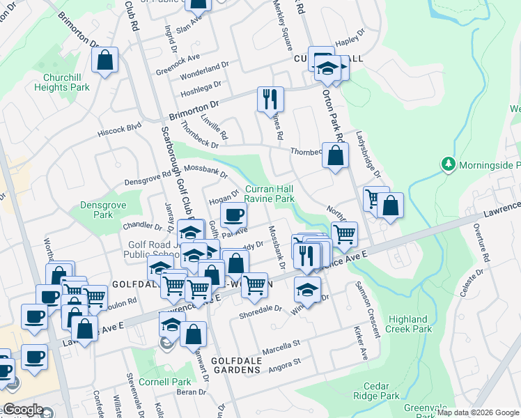 map of restaurants, bars, coffee shops, grocery stores, and more near 46 Mossbank Drive in Toronto