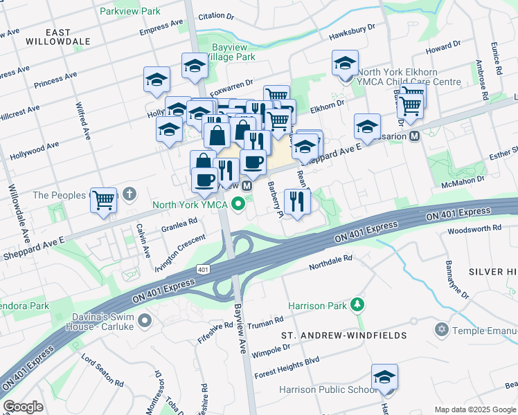 map of restaurants, bars, coffee shops, grocery stores, and more near 32 Kenaston Gardens in Toronto