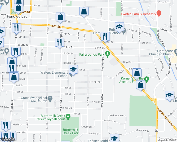 map of restaurants, bars, coffee shops, grocery stores, and more near 463 Bruce Street in Fond du Lac