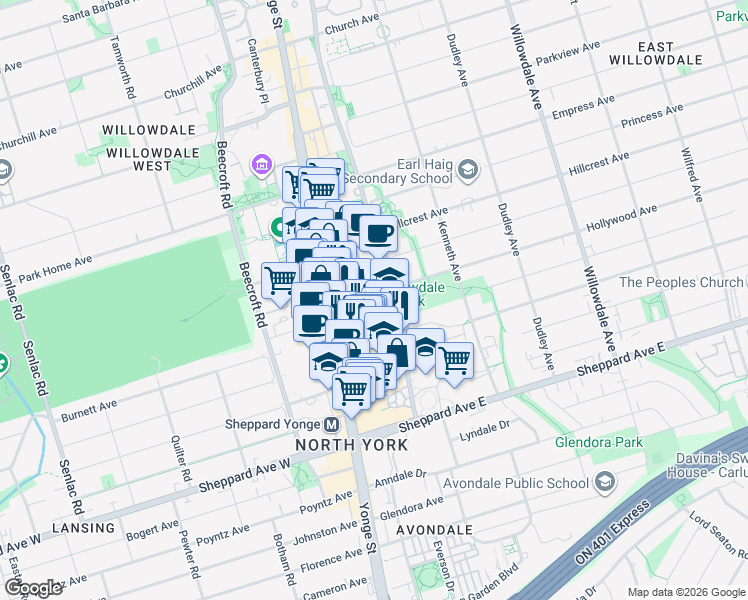 map of restaurants, bars, coffee shops, grocery stores, and more near 35 Hollywood Avenue in Toronto