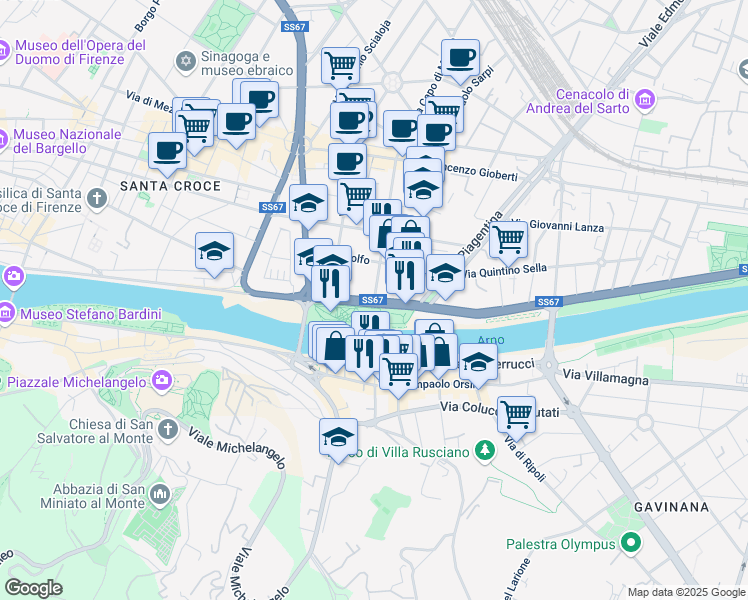 map of restaurants, bars, coffee shops, grocery stores, and more near Lungarno del Tempio in Florence