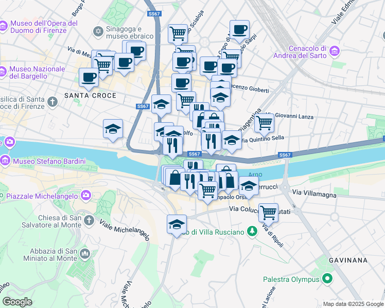 map of restaurants, bars, coffee shops, grocery stores, and more near Lungarno del Tempio in Florence