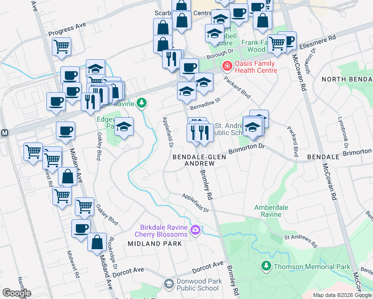 map of restaurants, bars, coffee shops, grocery stores, and more near in Toronto