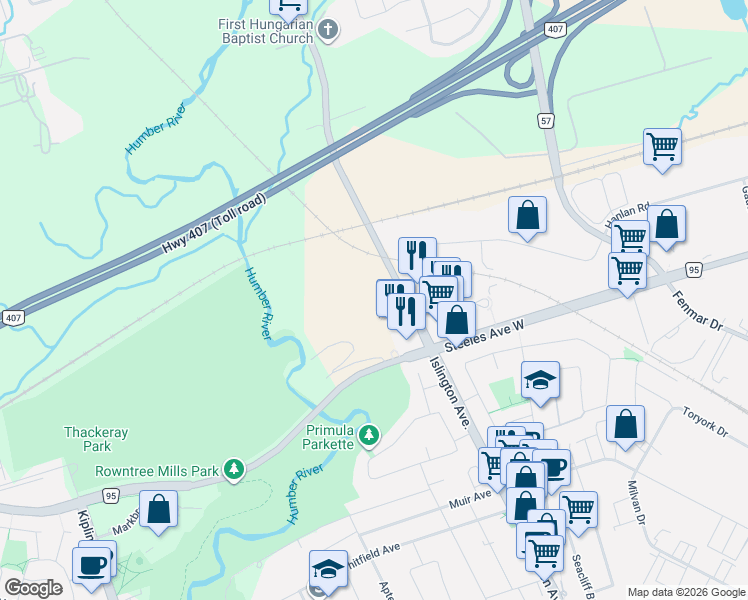 map of restaurants, bars, coffee shops, grocery stores, and more near 7056 Islington Avenue in Vaughan