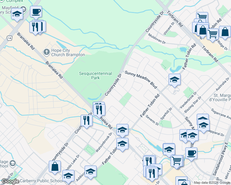 map of restaurants, bars, coffee shops, grocery stores, and more near 51 Hadfield Circle in Brampton