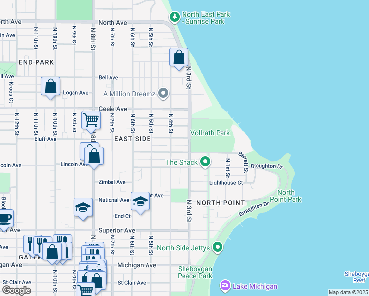 map of restaurants, bars, coffee shops, grocery stores, and more near 303 Park Avenue in Sheboygan