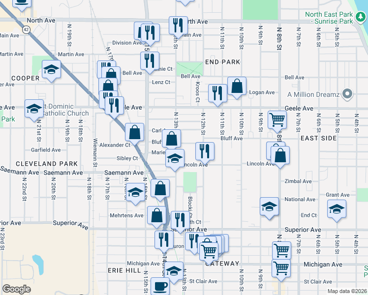 map of restaurants, bars, coffee shops, grocery stores, and more near 1929 North 13th Street in Sheboygan