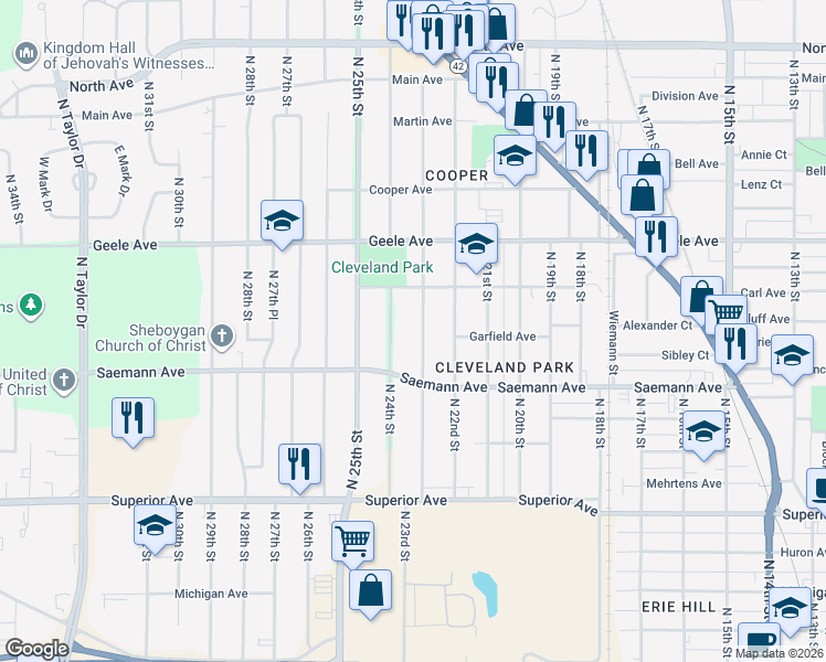 map of restaurants, bars, coffee shops, grocery stores, and more near 1840 North 23rd Street in Sheboygan