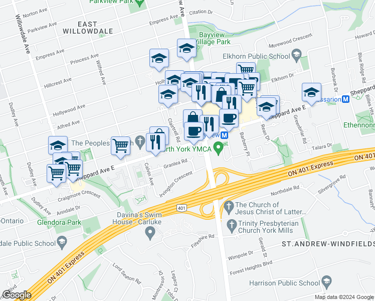 map of restaurants, bars, coffee shops, grocery stores, and more near 339 Sheppard Avenue East in Toronto