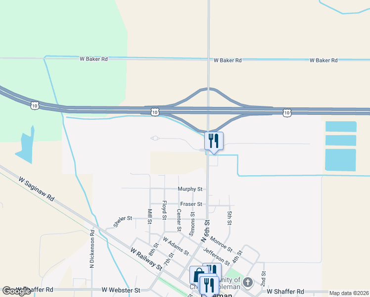 map of restaurants, bars, coffee shops, grocery stores, and more near 5453 Old Orchard Drive in Coleman