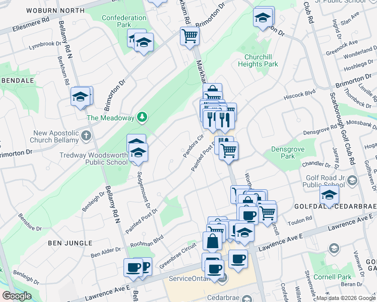 map of restaurants, bars, coffee shops, grocery stores, and more near 97 Pandora Circle in Toronto