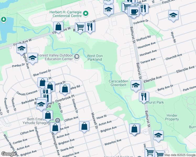 map of restaurants, bars, coffee shops, grocery stores, and more near 17 Brockington Crescent in Toronto