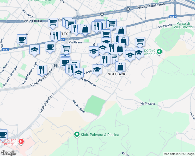 map of restaurants, bars, coffee shops, grocery stores, and more near 23 Via Bernardo Daddi in Firenze