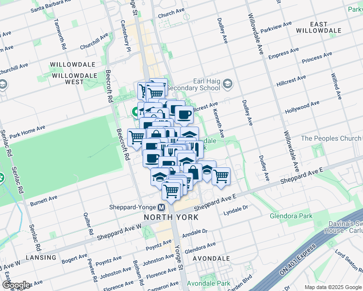 map of restaurants, bars, coffee shops, grocery stores, and more near 35 Hollywood Avenue in Toronto