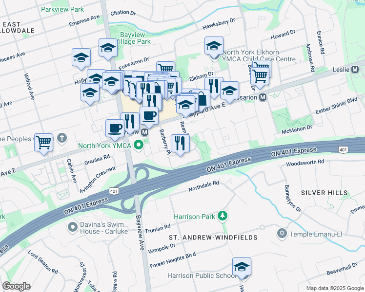 map of restaurants, bars, coffee shops, grocery stores, and more near 8 Rean Drive in Toronto