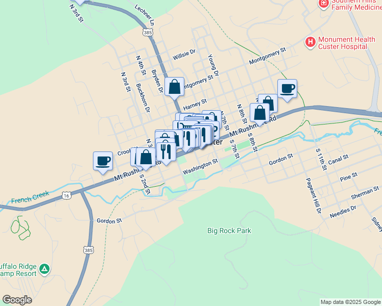 map of restaurants, bars, coffee shops, grocery stores, and more near 411 Mount Rushmore Road in Custer