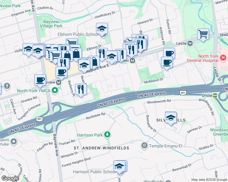 map of restaurants, bars, coffee shops, grocery stores, and more near 59 Talara Drive in Toronto