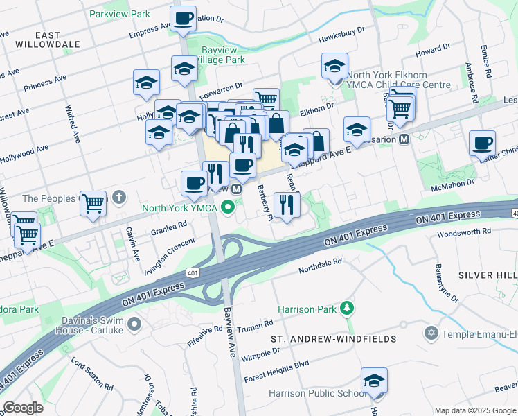 map of restaurants, bars, coffee shops, grocery stores, and more near in Toronto