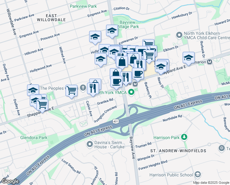map of restaurants, bars, coffee shops, grocery stores, and more near 343 Sheppard Avenue East in Toronto