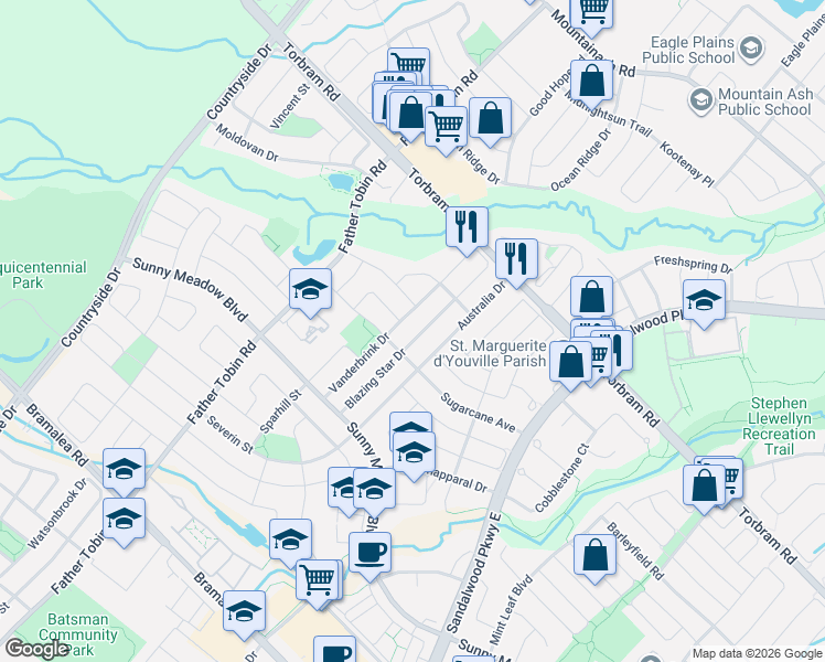 map of restaurants, bars, coffee shops, grocery stores, and more near 24 Blazing Star Drive in Brampton