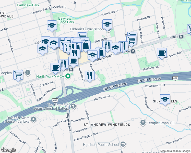 map of restaurants, bars, coffee shops, grocery stores, and more near 8 Rean Drive in Toronto