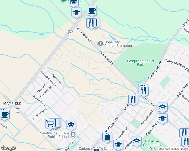 map of restaurants, bars, coffee shops, grocery stores, and more near 40 Icon Street in Brampton