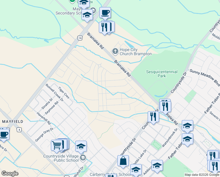 map of restaurants, bars, coffee shops, grocery stores, and more near 36 Icon Street in Brampton