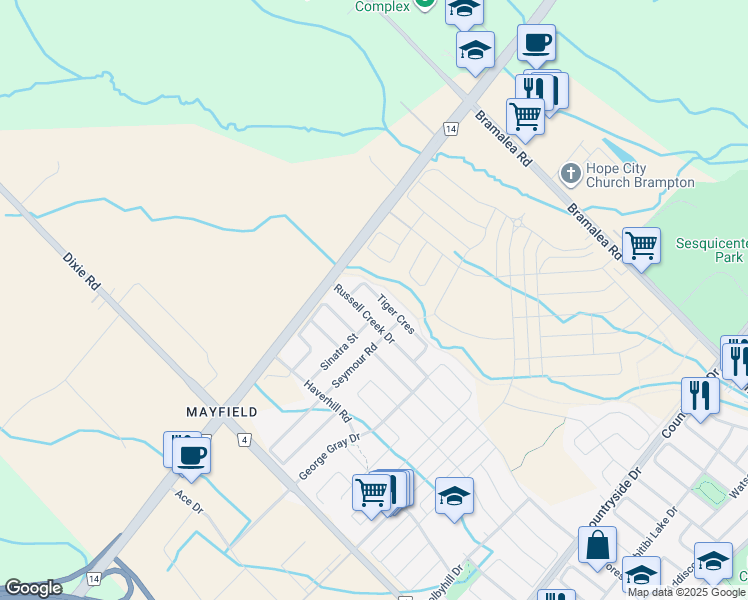 map of restaurants, bars, coffee shops, grocery stores, and more near 33 Tiger Crescent in Brampton
