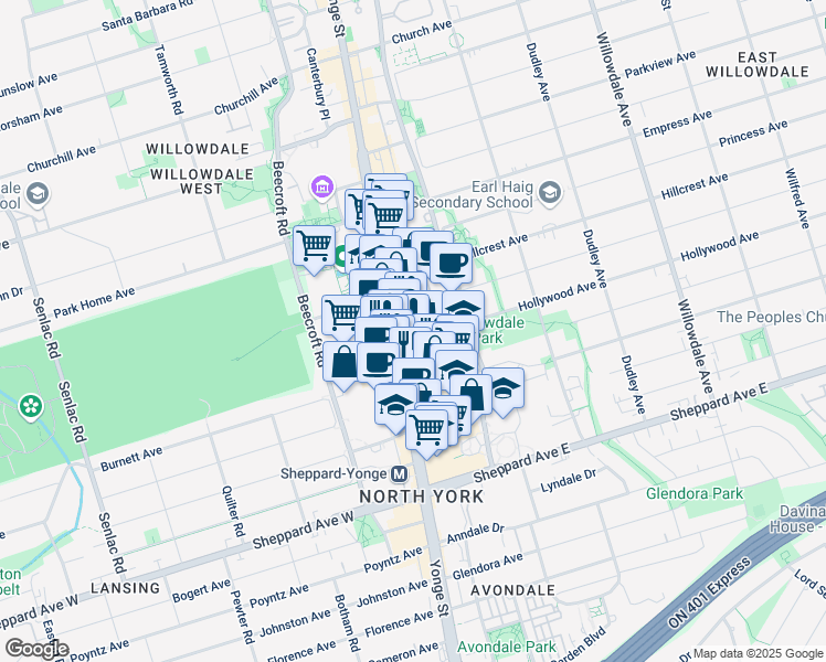 map of restaurants, bars, coffee shops, grocery stores, and more near in Toronto
