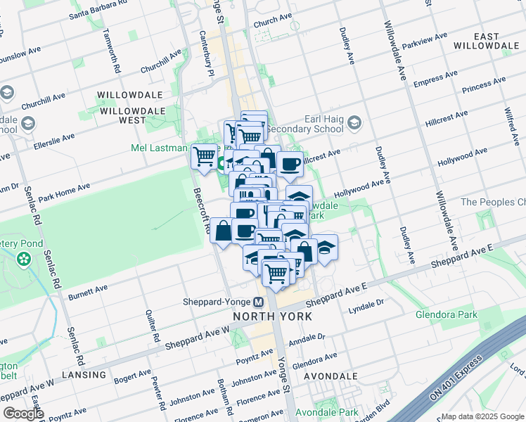 map of restaurants, bars, coffee shops, grocery stores, and more near 5001 Yonge Street in Toronto